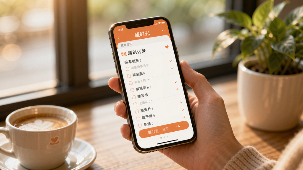 一张暖时光APP在手机上的使用场景示意图,画面展示一只手拿着手机,屏幕显示暖时光的记录界面,旁边有咖啡杯和绿植,整体氛围温馨安静,光线柔和,画质细腻,背景虚化,无多余文字元素