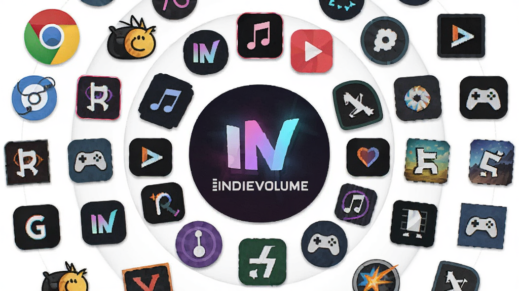 һ��չʾIndieVolume֧�ֶ��ֳ����ͼƬ�������Ǹ�������ͼ�껷����IndieVolume��־��Χ������ΪԲ�η���״���Ű�����ͻ�������Ϊ�Ƽ��У�ϸ�ڰ�������������֡���Ƶ����Ϸ��ͼ�꣬���ʸ��壬�ɾ����޶���Ԫ��
