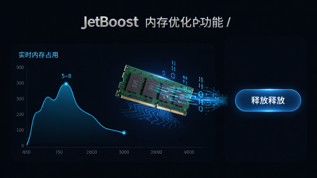JetBoost �ڴ��Ż�����չʾͼ������Ϊ�ڴ��������������ĳ���ͼ�Σ��������Ϊʵʱ�ڴ�ռ�����ߣ��Ҳ�Ϊ�ͷŰ�ť�����Ƽ���ʮ�㣬ϸ������ɫ��Ч�����������������������ɾ����޶���Ԫ��
