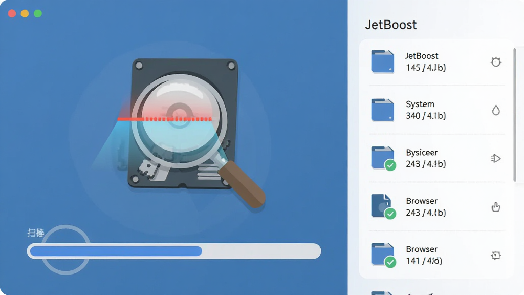JetBoost �����������棬����Ϊ�Ŵ�ɨ��Ӳ�̵�ͼ�꣬����Ϊɨ����������ļ������б�������ƽ����ƣ�ϸ�ڰ���ϵͳ������������������������ʸ��壬�ɾ����޶���Ԫ��