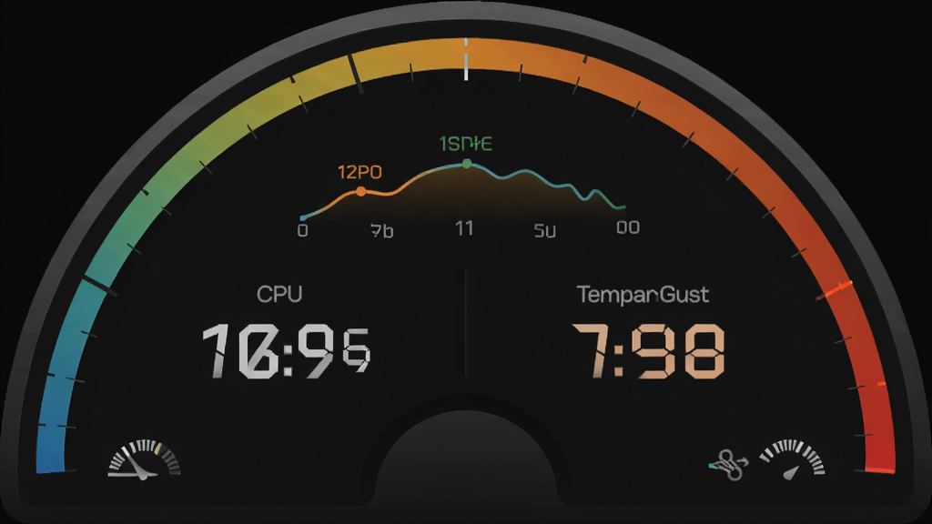 JetBoost �¶ȼ���Ǳ��̣�����Ϊ CPU ���Կ��¶�������ʾ������Ϊ��Բ���Ǳ������У������ɫģʽ��ϸ�ڰ����¶����������ת��ͼ�꣬���ʸ��壬�ɾ����޶���Ԫ��