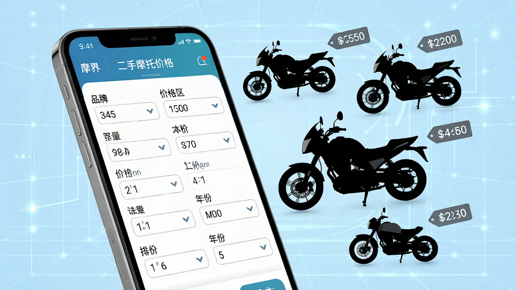 һ��չʾĦ�����Ħ�м۸��ѯ���ܵ�AI����ͼ������������һ���ֻ���Ļ��ʾ�Ŷ���Ħ�г��۸�ɸѡ���棬����Ʒ�ơ��۸����䡢��������ݵ�ɸѡ��������Ļ�Ա�Ư���ż�����ͬ�ͺŵ�Ħ�г���Ӱ�ͼ۸��ǩ�������ǵ���ɫ�Ƽ������񣬲�������������ִ���ϸ�ھ��£����ʸ��壬�ɾ��޶���Ԫ��