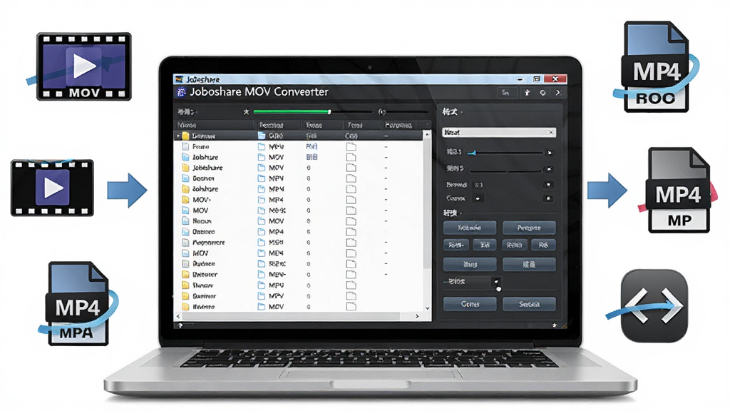 ����������ȫ��չʾ�����аڷ�һ̨�ʼǱ����ԣ���Ļ����ʾ Joboshare MOV Converter �������н��棬���Ϊ�ļ��б����Ҳ�Ϊ��ʽѡ����ת����ť����Χ���� MOV ��Ƶͼ�ꡢMP4 ��ʽͼ�ꡢת����ͷ���ţ����ּ�����������Ϊ�ִ��Ƽ��У�ϸ�ڰ��������������������壬���ʸ��壬�ɾ����޶���Ԫ��