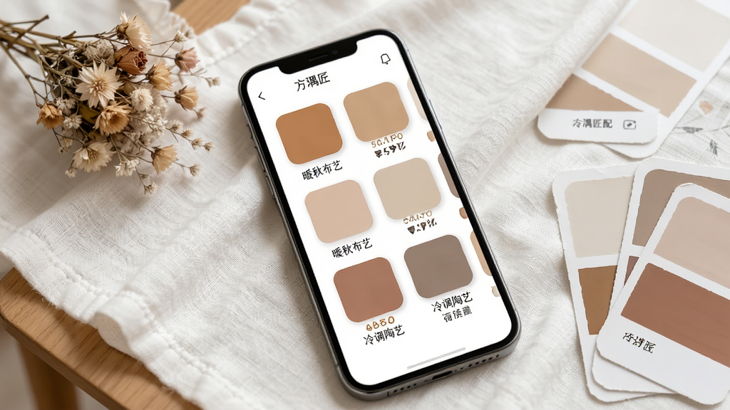 ���罳��ɫ�ο�����ͼ���ֻ���Ļչʾһ���ͼƬ����ȡ��ɫ��������������ɫ�������Ӧɫֵ���·��С�ů�ﲼ�ա���������ա��ȱ�ǩ�����汳��Ϊ���ף�ɫ��Բ����͡��ֻ�б����һ�����а�ɫ���鲼�������ϣ��Ա߷���һС���ɻ���ɫ��ֽ���������������£������в������������֣���Ļ�������������罳��Ӧ�����ơ�