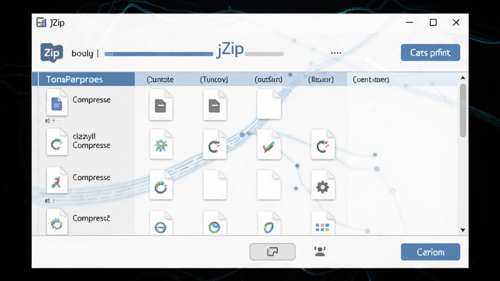 jZip ����������Ԥ��ͼ������Ϊ����������ѹ���ļ��б�������Ϊ����չʾ���Ű����������Ϊ�ִ���Լ�Ƽ��磬ϸ�ڰ����ļ�ͼ�ꡢ�����������ܰ�ť�����ʸ��壬�ɾ����࣬�޶���Ԫ��