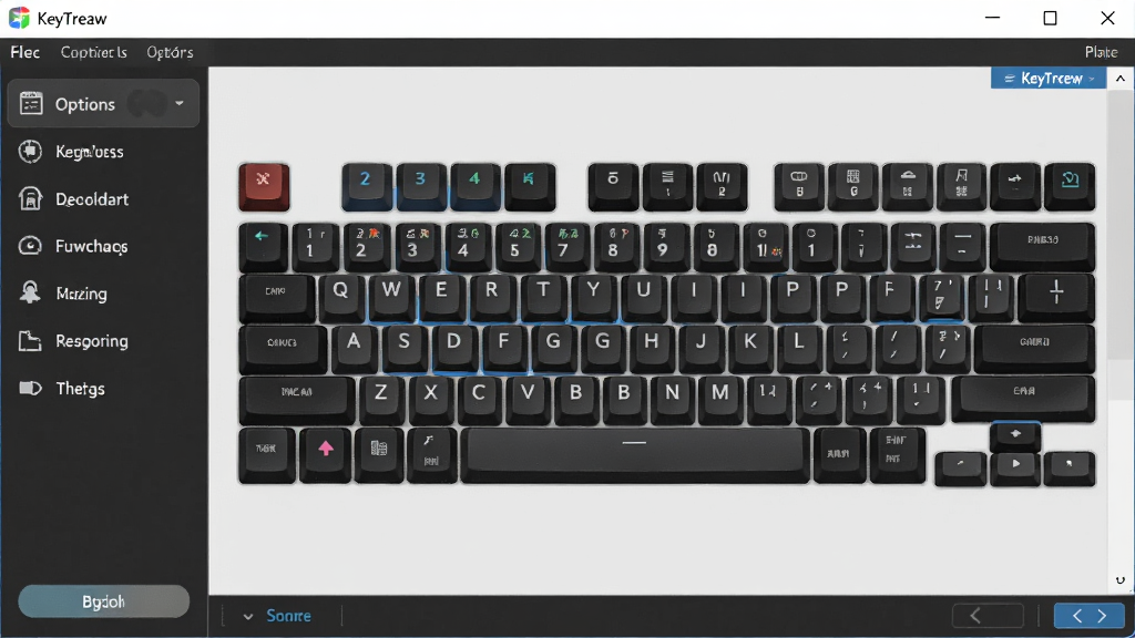 һ��չʾ KeyTweak ���������ͼƬ�����������������ڣ�����Ϊ������ʾ��׼���̲���ͼ��ÿ�����������ɼ�����������й���ѡ�������Ű��࣬���Ϊ�ִ����������ͼ��ϸ�ڰ������̰���������ʾ���˵����Ͱ�ť�������������ɾ����޶���Ԫ��