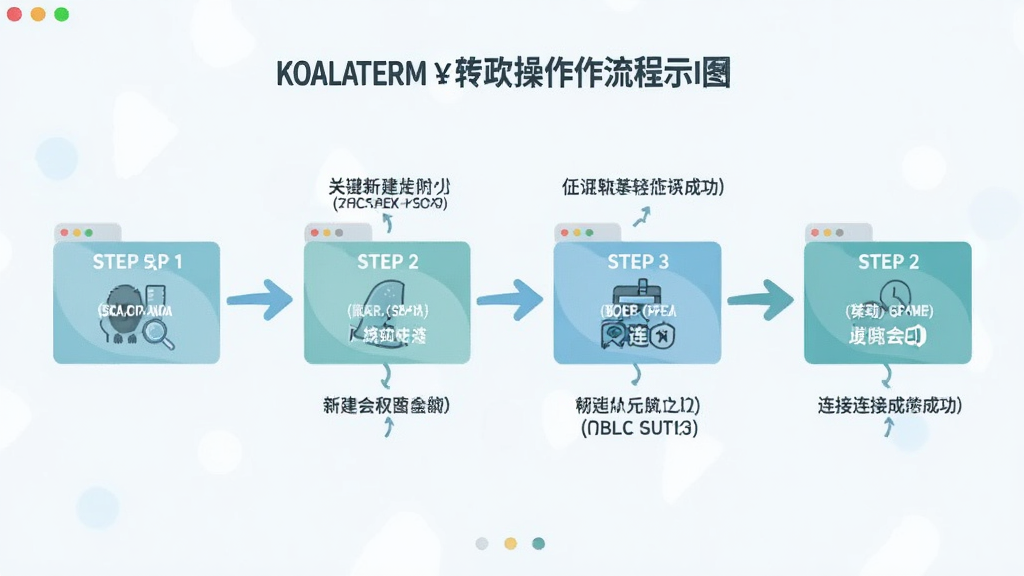 һ�� Koalaterm ������������ʾ��ͼ������Ϊ�ֲ�����ָ��������Ϊ��������ͼ���Ű�չʾ���½��Ự�����ӳɹ��ĸ������裬���Ϊ����ǳɫ��Ϣͼ��ϸ�ڰ�����ͷָ����ؼ�������ע�������������ɾ��޶���Ԫ�ء�