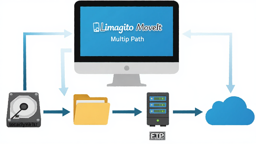 һ��չʾ Limagito MoveIt ��·�����õ�ʾ��ͼ����������һ̨����ͨ�����������ű���Ӳ��ͼ�ꡢ�����ļ���ͼ�ꡢFTP ������ͼ����ƶ�ͼ�꣬��ͷ��ʾ�ļ���������������Ϊ��ƽ����Ϣͼ��ɫ�����죬�����������ɾ��޶���Ԫ��