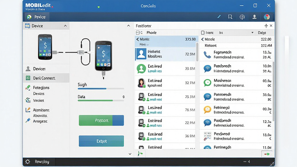 һ��չʾ MOBILedit �����������ͼƬ�������������������ڣ����Ϊ�豸����״̬�빦�ܷ����б����Ҳ���ʾ�ֻ�ͨѶ¼����ż�¼�����ݱ������岼���������Ű���������Ϊ�ִ��Ƽ���UI��ƣ�ϸ�ڰ����ֻ�ͼ�ꡢ����������ʾ�⡢�������뵼����ť����������������ɾ����޶���Ԫ��