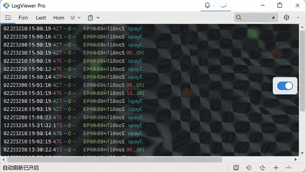 LogViewer Pro ʵʱ���ģʽ���棬����չʾһ����־�ļ����ڱ�׷��д�룬�����ײ�״̬����ʾ���Զ�ˢ���ѿ���������־�в��������������Ҳ��������ļ�ؿ��ذ�ť�����Ϊ��ˬǳɫ���⣬ϸ�ڰ���ʱ�������־������ɫ��ʶ�����ʸ��壬����ɾ����޶���Ԫ��