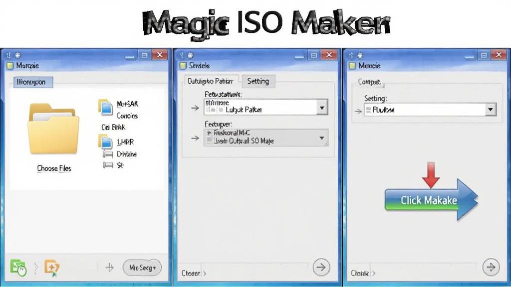 һ��չʾ���Զ�ʹ�� Magic ISO Maker ���� ISO �ļ��Ĳ���ʾ��ͼ�������Ϊ���񣬷ֱ���ʾѡ���ļ��С��������·�������������ť���������� 