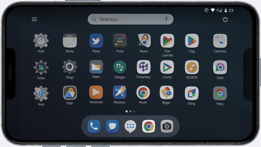 ����������ȫòչʾ������Ϊһ����׿�ֻ���Ļ����Ļ����ʾ Microsys launcher �����沼�֣������������������в�Ӧ��ͼ������͵ײ����Dock�������ֲ��þ��жԳ��Ű棬���Ϊ�ִ�����Ƽ��磬ϸ����ͼ�����΢�����Ӱ��Բ�ǣ�����Ϊ��ɫ�����ֽ�������������ɾ����޶���Ԫ��
