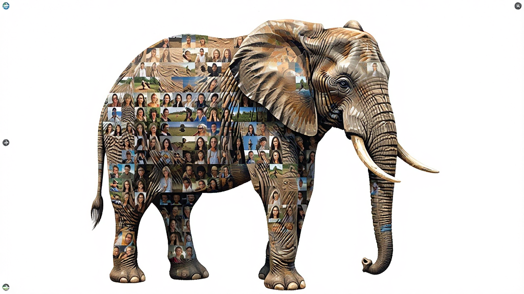 һ��չʾMosaic Creator��������������Ч����ͼƬ��������һ����������С��Ƭƴ�ɵĴ���ͼ�񣬲���Ϊ���д�ͼ���Ű��࣬���дʵ��ϸ�ڰ���ÿ��Сͼ�ı�Ե������ɫ�ʹ�����Ȼ�����ʸ��壬�ɾ����޶���Ԫ��