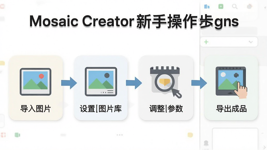 һ��չʾMosaic Creator���ֲ��������ʾ��ͼ�����������������ϵĲ�������ͼ������Ϊ�����������Ű����������Ϊ����ͼƬ������ͼƬ�⡢����������������Ʒ�����Ϊ��ƽ����ѧͼ��ϸ�ڰ���ÿһ����ͼ��ͼ������˵�������ʸ��壬�ɾ����޶���Ԫ��
