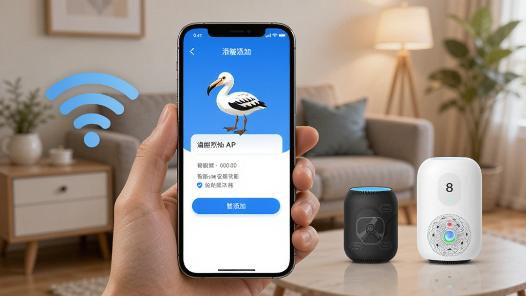 ����չʾһ���ֻ���Ļ��ʾ������APP���豸���ӽ��棬�Ա���Wi-Fi�ź�ͼ��������豸������Ϊ��ܰ�ļҾӻ�������������죬��ɫ���ɫΪ��������������ϸ�ڷḻ��4K���ʣ��ɾ��޶���Ԫ��