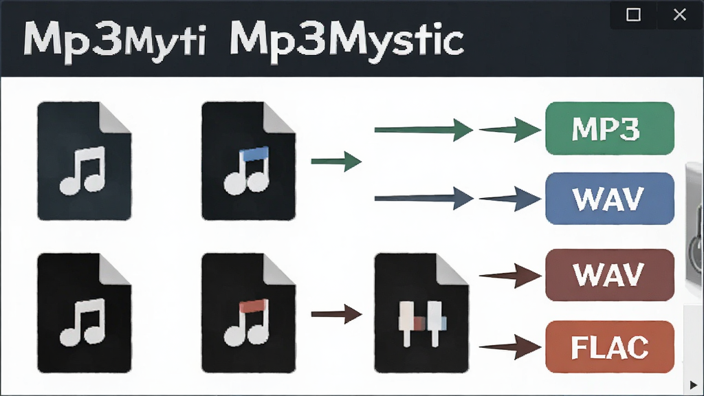 һ��չʾ��Ƶ��ʽת�����ܵ�ʾ��ͼ�������� Mp3Mystic ���������������Ŷ����Ƶ�ļ�ͼ�꣬��ͷָ��ͬ��ʽ��ǩ���� MP3��WAV��FLAC����������ˬ�����ֱ�ע���������ʸɾ���������Ԫ��