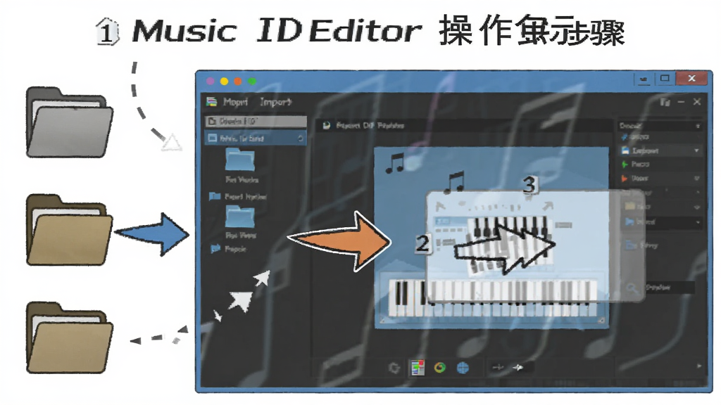 Music ID Editor ��������ʾ��ͼ������Ϊ��������������ק���붯�����������Ϊ�ļ���ͼ�꣬�Ҳ�Ϊ�������ڣ��Ű�ֱ�ۣ����̳����ͼ��ϸ�ڰ�����ͷָʾ���Ų��裬�����������ɾ����޶���Ԫ��
