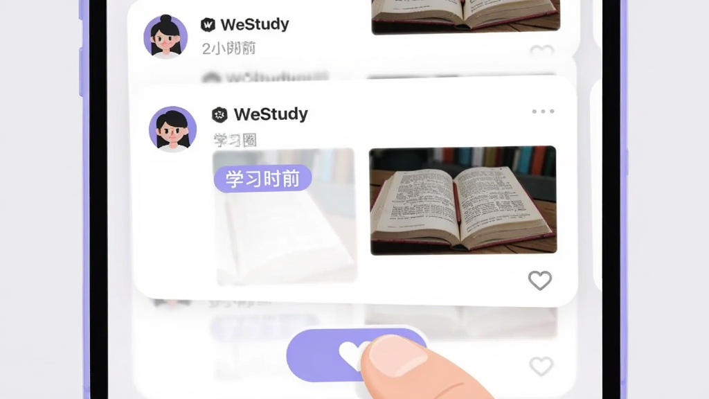 ����չʾһ���ֻ���Ļ��д����Ļ���ǡ�WeStudy��ѧϰȦ��̬�б���ÿ����̬�����û�ͷ��ѧϰʱ����ǩ��һ���鱾��Ƭ��������ÿ�Ƭʽ���֣�����Ϊǳ��ɫ���ֻ��·�����ָ���ڵ�����ް�ť��������Ϊ�ִ���ԼUI�廭��ɫ���԰�ɫ�͵���ɫΪ����ϸ�ڰ�����ƬԲ�ǡ�ʱ������ֺ�ͼ�������������������ɾ����޶���Ԫ��
