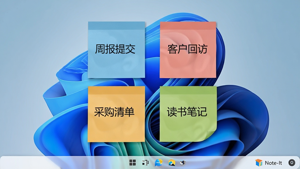 һ��չʾ Note-It �� Windows 11 ϵͳ�����е������ͼ�������������Ų�ͬ��ɫ�ı�ǩ�������У���ǩ����Ϊ���ܱ��ύ�����ͻ��طá����ɹ��嵥��������ʼǡ������½��� Note-It ����ͼ�꣬���汳��Ϊ Windows 11 Ĭ�ϱ�ֽ�����廭��ɾ���������������