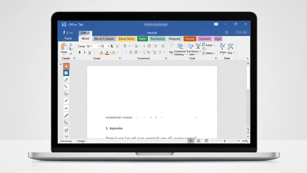 һ��չʾ Office Tab ����������Ĳ�ƷԤ��ͼ������������һ̨�򿪵ıʼǱ����ԣ���Ļ����ʾ�� Word �ĵ����ڣ����ڶ��������Ŷ����ɫ��ǩҳ����ǩ�Ϸֱ�д�Ų�ͬ���ĵ����ƣ����ֲ�������ƽ���ӽǣ��Ű������������Ϊ�ִ��Ƽ��� UI չʾ�磬ϸ�ڰ�����ǩ���ĸ���״̬��Office ������ɫ���⡢����Ϊ�ɾ���ǳ�ҽ��䣬���ʸ��塢�ɾ����޶���Ԫ��