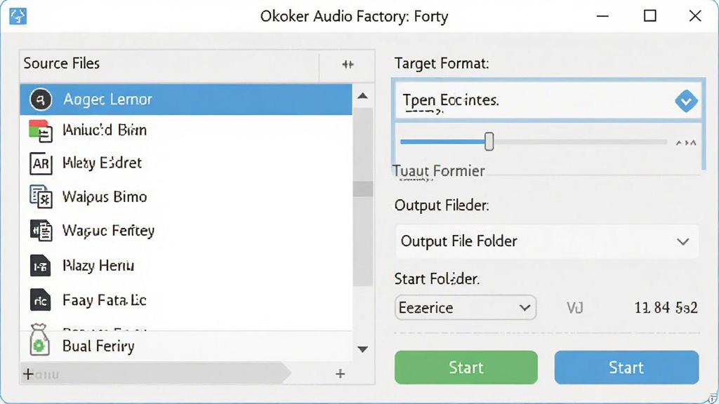 һ��չʾ Okoker Audio Factory ����������Ƶ��ʽת��������ͼƬ������Ϊ����ת�����ô��ڣ����ְ���Դ�ļ��б���Ŀ���ʽ�����˵�������ļ���ѡ���뿪ʼת����ť���Ű���ֱ�ۣ����Ϊ��ˬǳɫϵ��ϸ�ڰ�����ʽͼ�ꡢ���������ļ���С��ʾ�����������ɾ��޶���Ԫ��