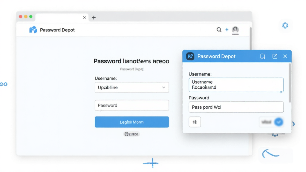 Password Depot ������Զ���书��չʾͼ����������һ��������ҳ��¼���棬�Ա������� Password Depot ����չ���ڣ���ʾ�������û����������ֶΣ���������ˬ���԰�ɫ��ǳ��ɫΪ��������������������Ԫ��