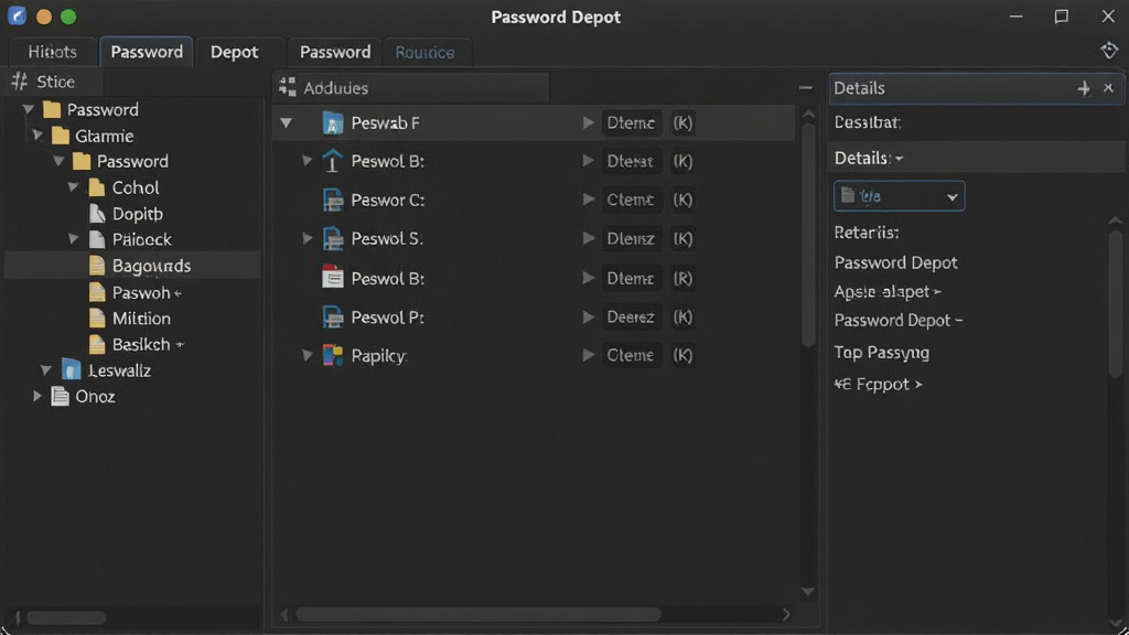 Password Depot �������������ͼ������չʾ���ǩҳ���֣����Ϊ�����������Ŀ¼���Ҳ�Ϊ��Ŀ�б���������壬������Ϊ��ɫ���⣬�������������ɱ棬���ʸɾ����޶���װ��Ԫ��