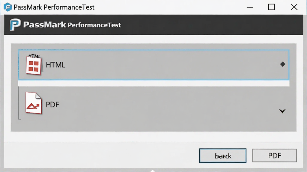 ������������ʾ��PassMark PerformanceTest���Ĳ��Ա��浼�����ڣ����в��֣�������չʾHTML��PDF��ʽѡ�����Ϊ����ɫ������Լ����ϸ�����������ʸɾ����޶���Ԫ��