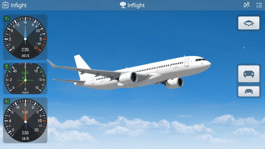 һ��չʾ Inflight �����������Ԥ��ͼ������������һ�ܰ�ɫ�ͻ����������з��У��·����Ʋ㣬���������ʾ�߶Ⱥ��ٶ��Ǳ��̣��Ҳ����ӽ��л���ť��������Ϊ�ִ���ƽ����ƣ���ɫ��ձ����������������ɾ��޶���Ԫ��