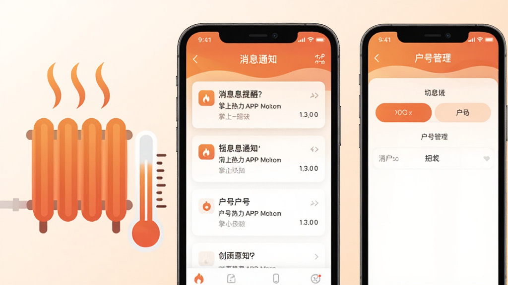һ��չʾ��������APP��Ϣ֪ͨ�뻧�Ź������ܵĳ���ͼ��������һ���ֻ���Ļ��ʾ��Ϣ�����б��ͻ����л����棬��Ļ�Ա��г����ů��Ƭ���¶ȼ�ͼ����Ϊװ�Σ�����ɫ����ů���ʣ�����ִ���࣬���ʸ��壬�ɾ��޶���Ԫ��