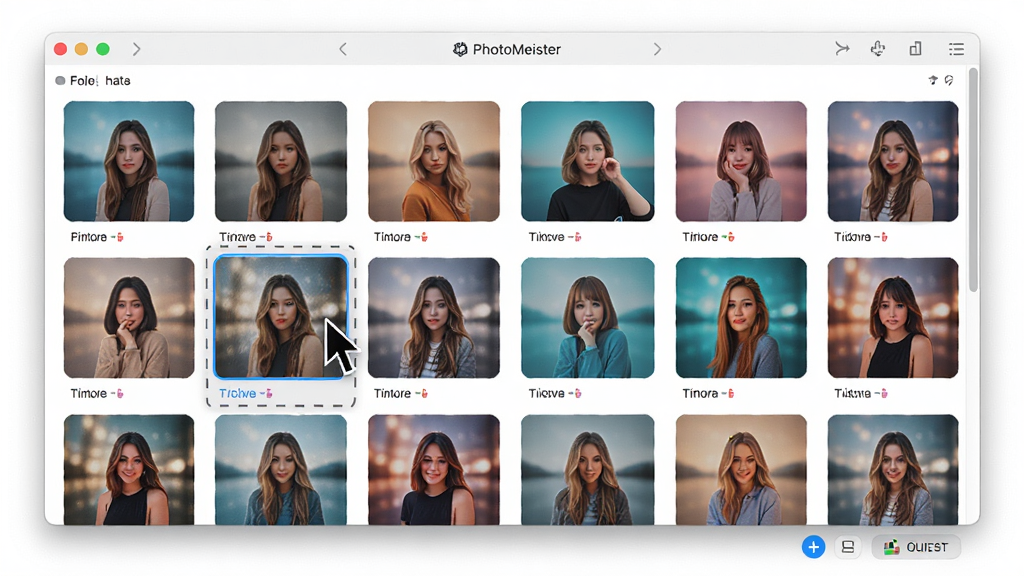 һ��չʾ PhotoMeister �˾���Ч��Ľ���ͼ������Ϊ���������е��˾�ѡ����壬����������״���и����˾�����ͼ���Ű����뻮һ�����Ϊ���޻��õ� UI ��Ʒ磬ϸ����չʾ���ָ����ͣ��ĳ���˾��ϲ���ʾԤ��Ч�������ʸ��壬�ɾ����޶���Ԫ�ء�