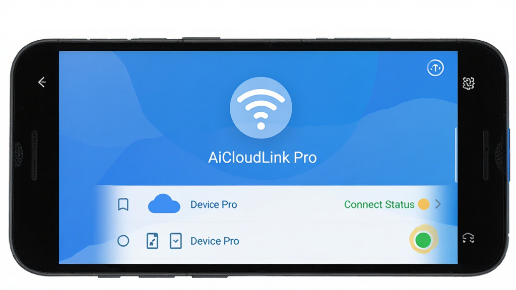 ����Ϊһ����׿�ֻ���Ļ����Ļ����ʾ AiCloudLink Pro ���������棬�������� Wi-Fi �ź�ͼ�ꡢ�豸�б�������״ָ̬ʾ�ƣ�����Ϊ����չʾ���Ű��࣬���Ϊ�ִ��Ƽ��б�ƽ����ƣ�ϸ�ڰ�����ɫ���䱳����Բ��ͼ��Ͱ�ɫ���ֱ�ע��AiCloudLink Pro�������ʸ��壬�ɾ����޶���Ԫ�ء�