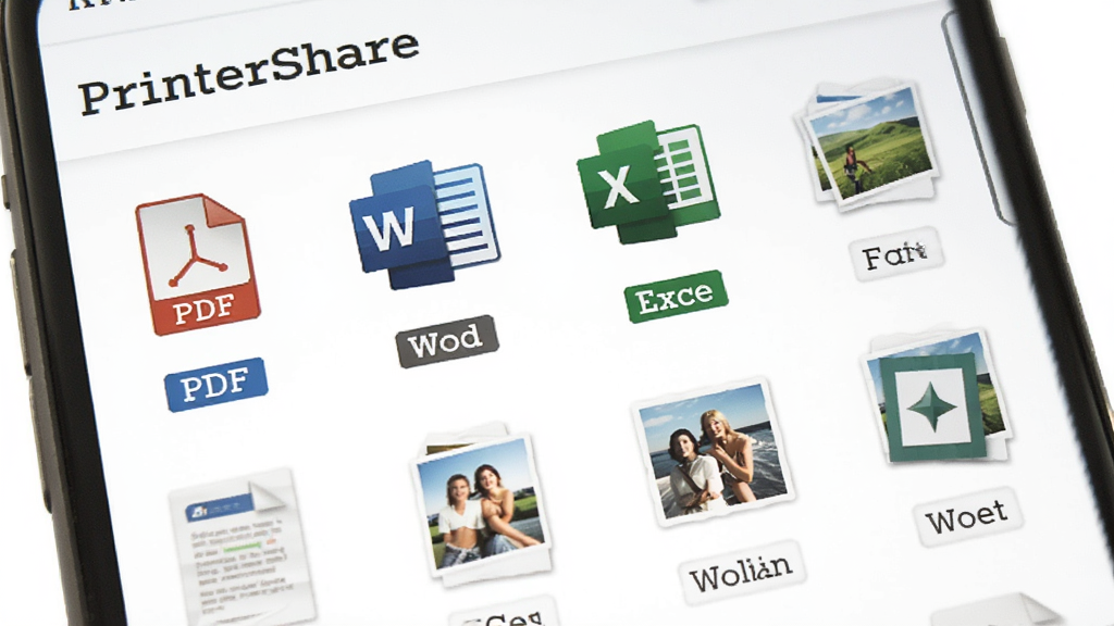 �ֻ���Ļչʾ��PrinterShare���ļ��б�������PDF��Word��Excel����Ƭ��ͼ���������У����ֳ�����״���Ű�ֱ�ۣ����������ϸ�����ļ�����ͼ�͸�ʽ��ǩ�����������ɾ��޶���װ��