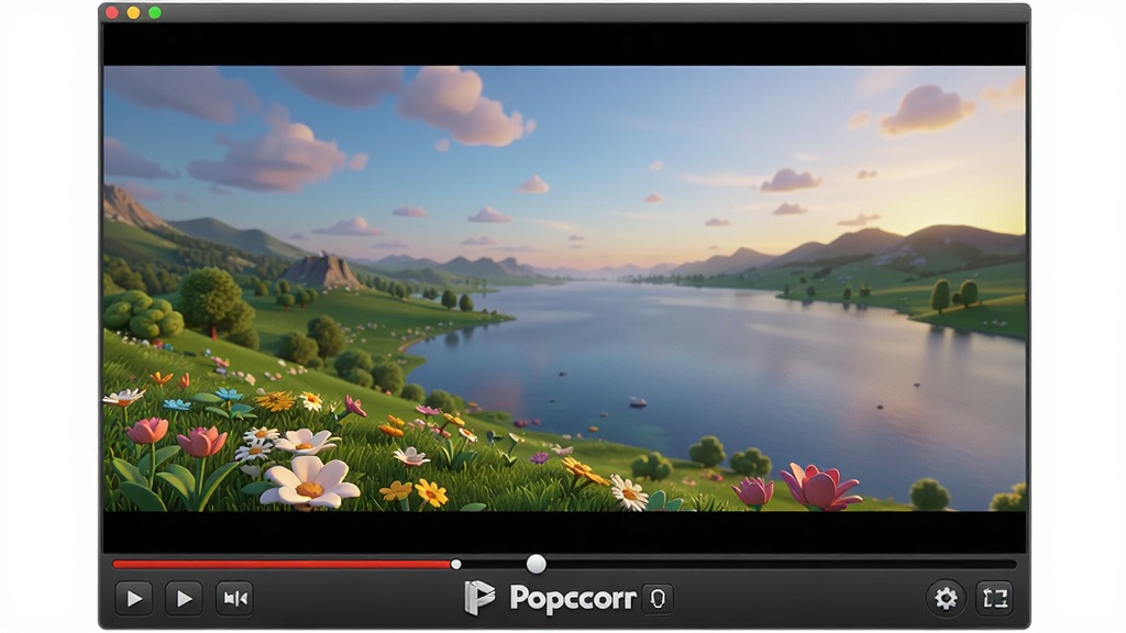 һ��չʾ Popcorn ���Ÿ�����Ƶ��ͼƬ�������в��Ŵ�������ɫ�����޵ķ羰���棬�����·��� Popcorn ������־�����岼�־��У����дʵ��ϸ�����ָ��廭�ʺ������Ĳ��ſ������������������ɾ��޶���Ԫ��