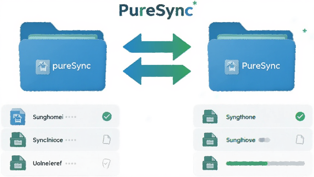 һ��չʾ PureSync ˫��ͬ�����ܵ�ʾ��ͼ����������Ϊ���������ļ���ͼ�꣬�м���˫���ͷ���ӣ���ͷ�·���ʾ�ļ��б���ͬ��״̬�����ֶԳƣ���������죬����������ɫ��ϸ�ڰ����ļ�����ͼ�ꡢ��ѡ��ǡ�����ָʾ�����������������ɾ����޶���Ԫ�ء�