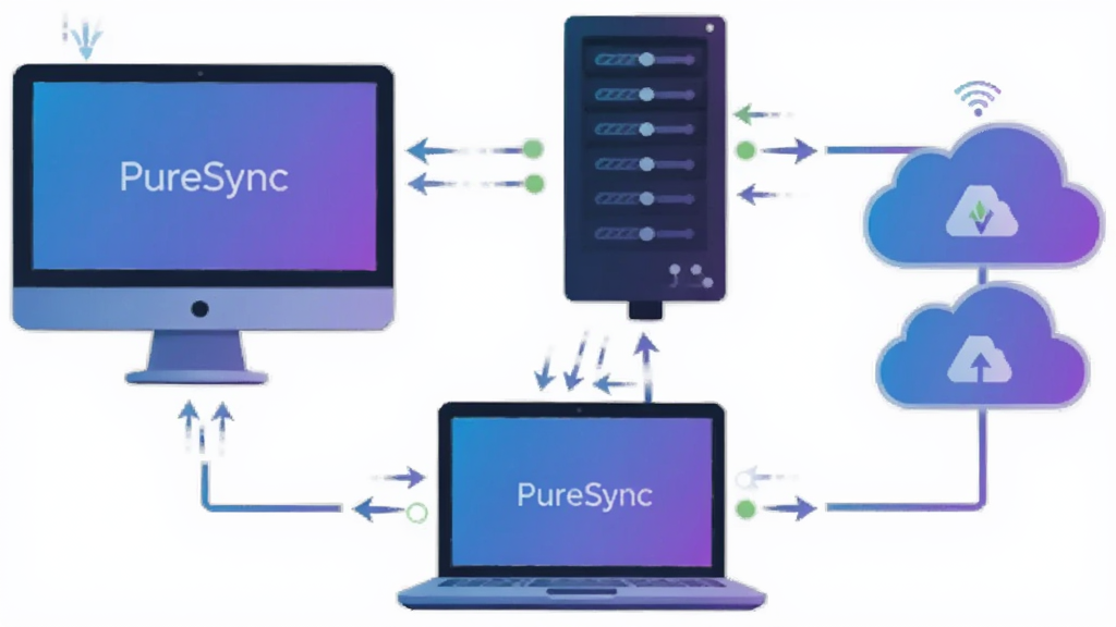 һ��չʾ PureSync ���豸����ͬ����ʾ��ͼ�������а���̨ʽ�����ʼǱ������������ƴ洢ͼ�꣬ͨ�����������γ��������ˡ����־��У�����ִ���ƽ�����������Ͻ�����ɫ��ϸ�ڰ�����������ͷ���豸ͼ�ꡢͬ��״̬�㣬����������������࣬�޶���Ԫ�ء�