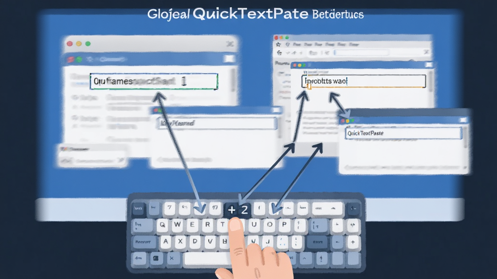 һ��չʾQuickTextPasteȫ�ֿ�ݼ��������̵�ʾ��ͼ��������һֻ�����ڰ��¼����ϵ���ϼ�����Ļ��ͬʱ��ʾ���Ӧ�ó��򴰿ڣ���ͷ�Ӽ���ָ����������е��ı���������������ñ�ƽ���廭���ɫ������ɫ�Ͱ�ɫΪ�������������ˣ���������