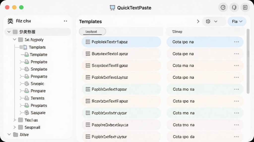 QuickTextPaste�ı�ģ����������ͼ��չʾ�������β˵���ģ���б�������������Բ����Ʒ�����Ϊ����Ŀ¼���Ҳ�Ϊģ������Ԥ����������ɫ�����µ��ţ����ʸɾ�������������Ԫ��