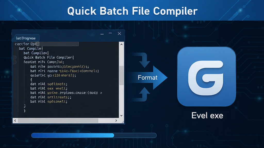 ��������չʾ�������� Quick Batch File Compiler �� bat �ļ�ת��Ϊ exe �ļ�������ʾ��ͼ������Ϊ���ҶԱȽṹ�������ʾ bat �ı����룬�Ҳ���ʾ���ɵ� exe ͼ�꣬�Ű���ֱ�ۣ����Ϊ�Ƽ�������磬ϸ�ڰ�����ͷָʾ���ļ���ʽ��ǩ����������������ʸ��壬����ɾ����޶���Ԫ��