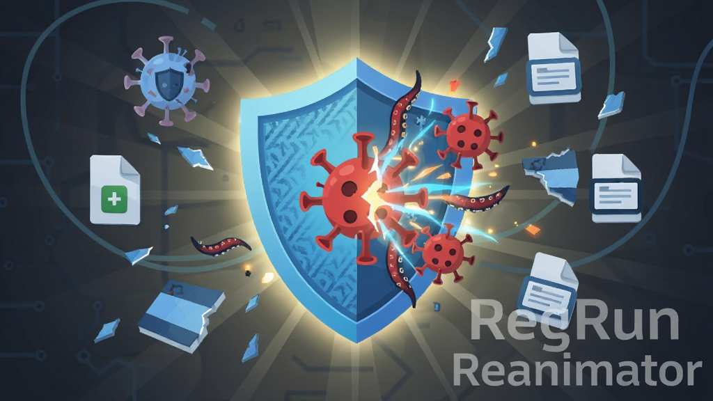 RegRun Reanimator 恶意软件清除功能示意图,画面中心是一个发光的盾牌正在粉碎红色的病毒图标,周围散落着被清理的注册表碎片和文件图标,软件名称