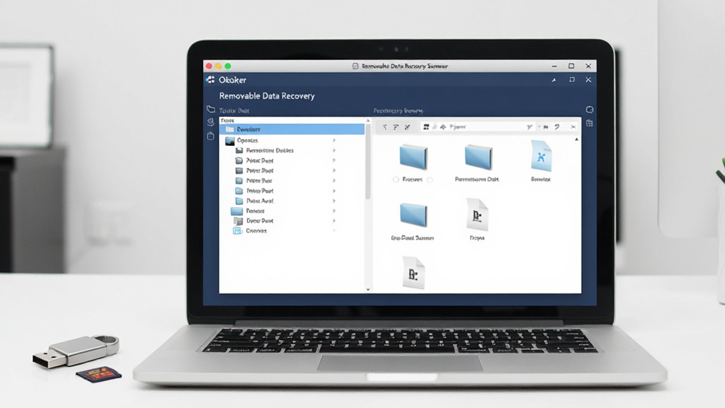 һ��չʾOkoker Removable Data Recovery�����������ͼƬ������������һ̨��ɫ�ʼǱ����ԣ���Ļ����ʾ��������������ɫ�������棬����������豸�б����Ҳ����ļ�Ԥ�����򣬵����Ա߰ڷ���һ����ɫU�̺�һ��SD��������������İ�ɫ�칫���棬�������ִ���Լ������������ͣ����������ɾ����޶���Ԫ��