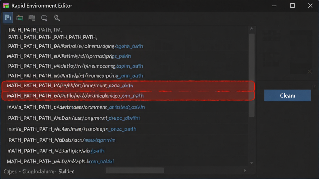 һ�� Rapid Environment Editor ������·����鹦�ܵĸ���չʾͼƬ������������������ʾ���� PATH ·����������������ɫ������עΪ��Ч·�����Ա���������ť������Ϊ��ɫ����ģʽ�����רҵ���ȣ�����ϸ�壬�޶���Ԫ��