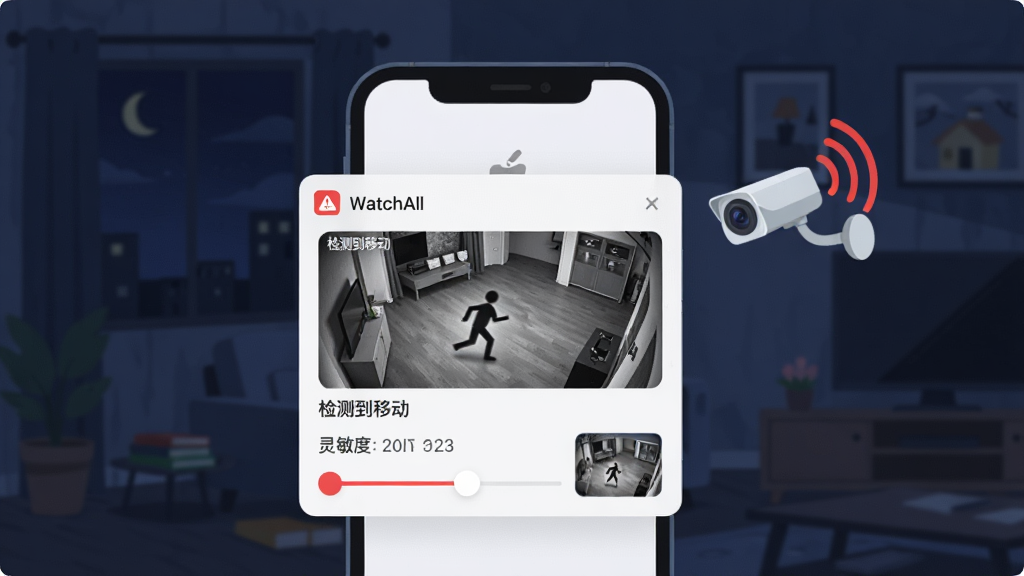 ����������һ���ֻ����ֻ���Ļ�ϵ�����WatchAll���澯֪ͨ��Ƭ����Ƭ����ʾһ�ż�ؽ�ͼ�͡���⵽�ƶ������֣��ֻ��Ա���һ������ͷͼ�귢����ɫ�źŲ��ƣ�����Ϊҹ�����ڳ��������Ϊ��ƽ���廭��ϸ�ڰ����澯ʱ�䡢�����ȵ��ڻ��顢��ͼ����ͼ�����ʸ��壬�ɾ����޶���Ԫ��