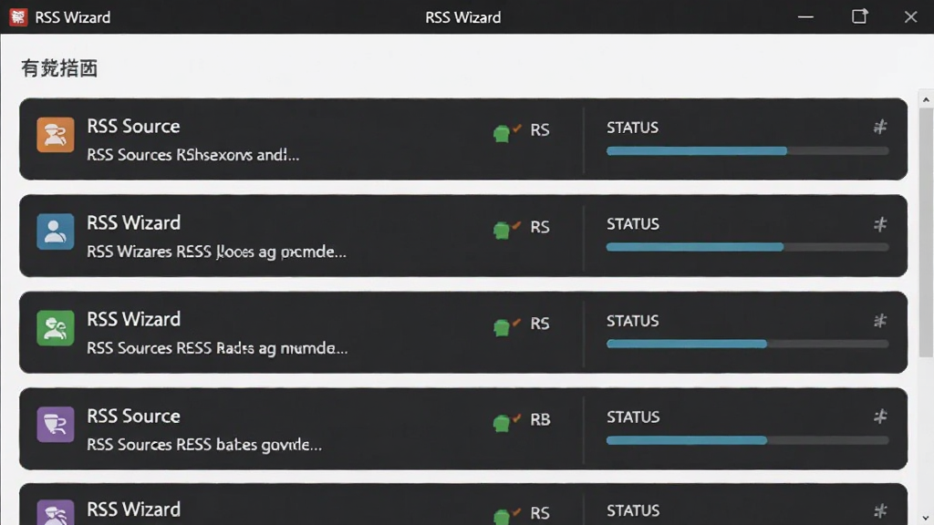 һ��չʾ RSS Wizard �����������ܵ�ͼƬ������Ϊ�����еĶ������б����棬����Ϊ�������е�����Ƭ���Ű����룬���Ϊ�����Լ���ϸ�ڰ������ RSS Դ��Ŀ��״̬��ʶ���������ȣ������������ɾ����޶���Ԫ��