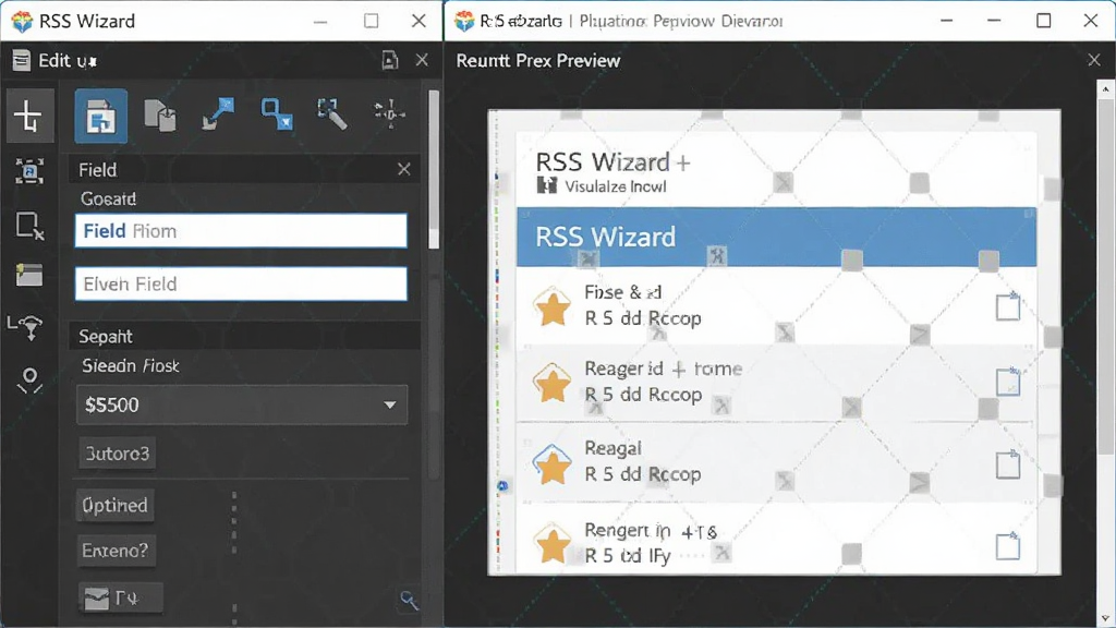 һ��չʾ RSS Wizard ���ӻ��༭���ܵ�ͼƬ������Ϊ�����༭������ʵʱԤ�����ڵĶԱȣ�����Ϊ���ҷ��������Ϊ�༭��壬�Ҳ�ΪԤ��Ч�����Ű����������Ϊ��ƽ����Ʒ��ϸ�ڰ�����קͼ�ꡢ�ֶ������Ԥ���б��ȣ������������ɾ����޶���Ԫ��