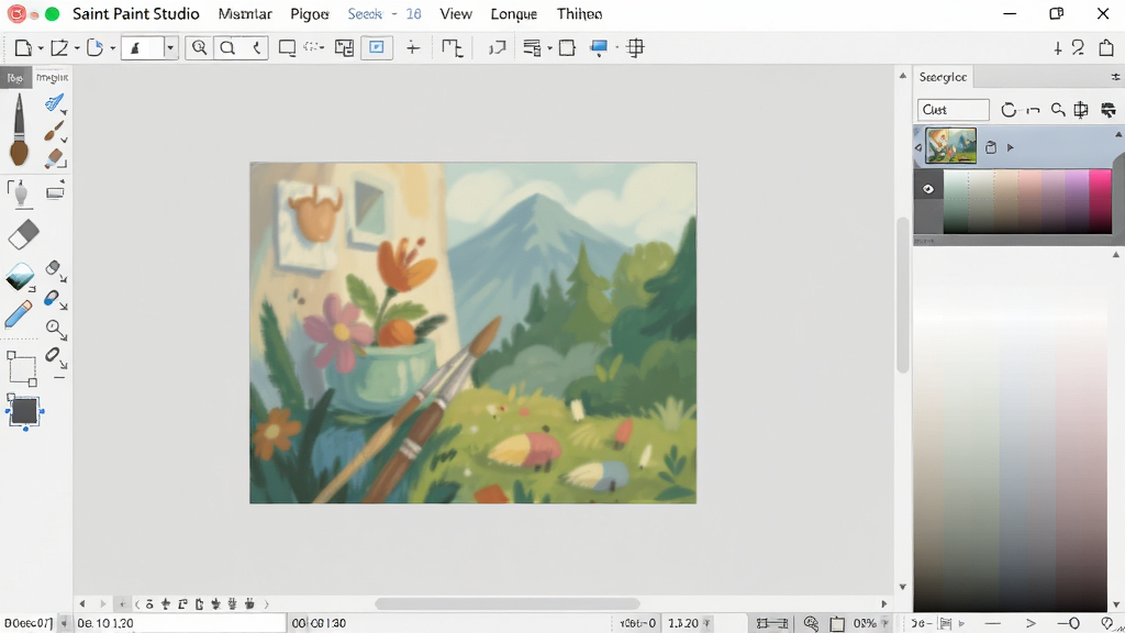 Saint Paint Studio ����������ȫ��չʾ������Ϊ��������������ഹֱ���л��ʡ���Ƥ����䡢ѡ���ȹ���ͼ�꣬�Ҳ���ʾͼ������ɫ��壬�����˵��������ɼ����ײ�״̬����ʾ��ǰ���������ű��������岼�ֹ�����������ִ���ǳ��ɫ������ɫ��ϸ�����������ʸɾ����޶���Ԫ��