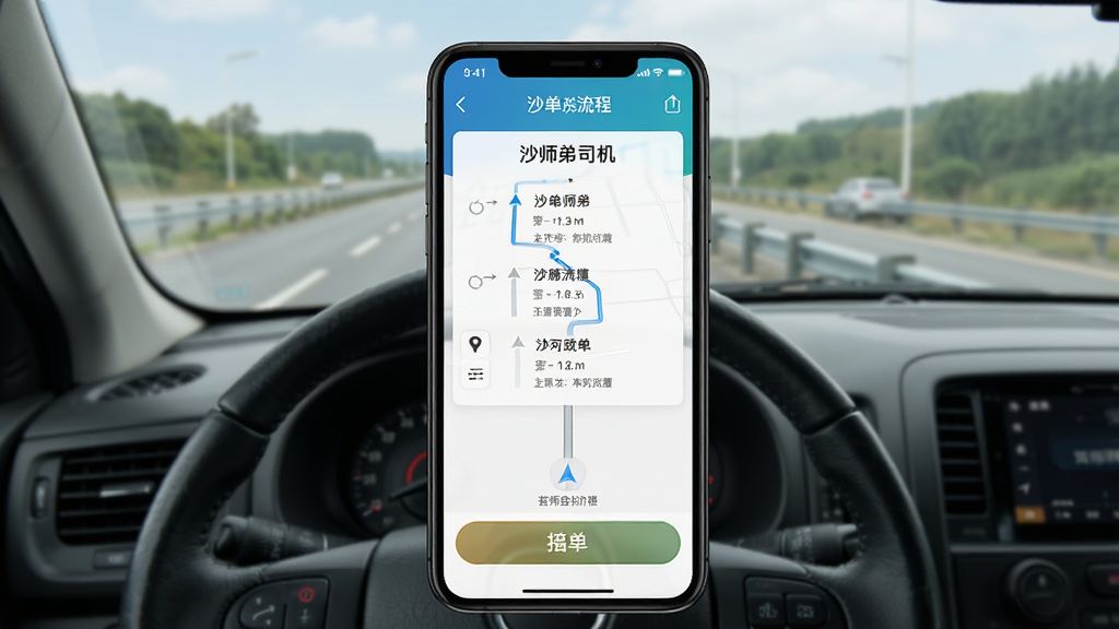 ɳʦ��˾��APP���������ͼ���������ֻ���Ļ��ʾ�ӵ����̺͵���ҳ�棬�����Ǽ�ʻ���ӽǺ͹�·������ֱ�ۣ����ʵ��������ϸ���в���ָʾ����ť��������ͼ·�ߣ����ʸ��壬�ɾ����޶���Ԫ��