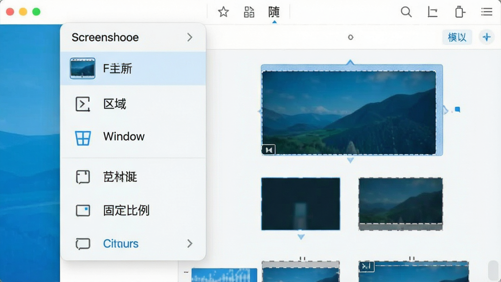 һ�� Screenshoter ��������չʾͼ����������Ϊ����������չ���Ľ�ͼģʽѡ��˵�������Ϊ�����ʾģʽ�б����Ҳ���ʾ��Ӧѡ��ʾ�⣬���Ϊ��ˬ��ǳɫ UI ���ϸ�ڰ���ȫ�������򡢴��ڡ��̶�������ѡ�����֣���������������ɾ����޶���Ԫ��