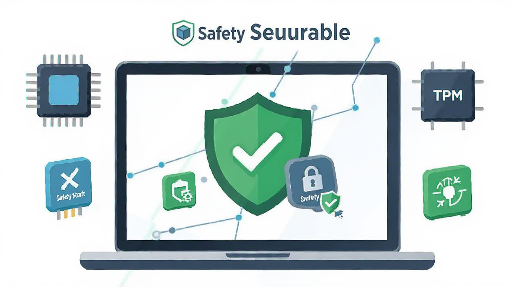 ��������Securable��������һ̨�ʼǱ�������Ļ��ʾ��ɫ��ȫ������Ӳ�����ͼ�꣬����Ϊ���й�ͼ���Ű������������Ϊ�ִ��Ƽ���ƽ���廭��ϸ�ڰ���CPUоƬ��TPMģ�顢��ȫ������ʶ��Ԫ�ػ��ƣ����ʸ���ɾ��޶���Ԫ��