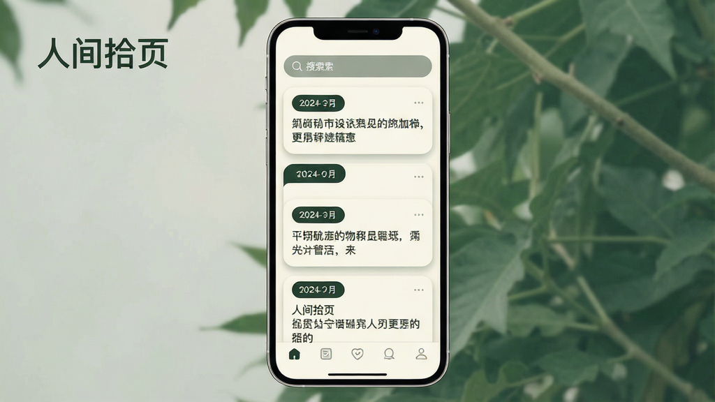 һ��չʾ���˼�ʰҳ��Ӧ���������UI���ͼ�������������ֻ���Ļ����Ļ���Կ�Ƭ����ʽ�����Ŷ������ּ�¼��ÿ�ſ�Ƭ�������ڱ�ǩ����ժ¼��������ɫΪ�װ���ī�̴��䣬����Ϊ���½ṹ�����������ײ������������Ϊ���¼�����ƶ�Ӧ�ý��棬ϸ�ڰ�����ƬԲ�ǡ������Ӱ������������㼶�����ʸ��壬�ɾ����޶���Ԫ��